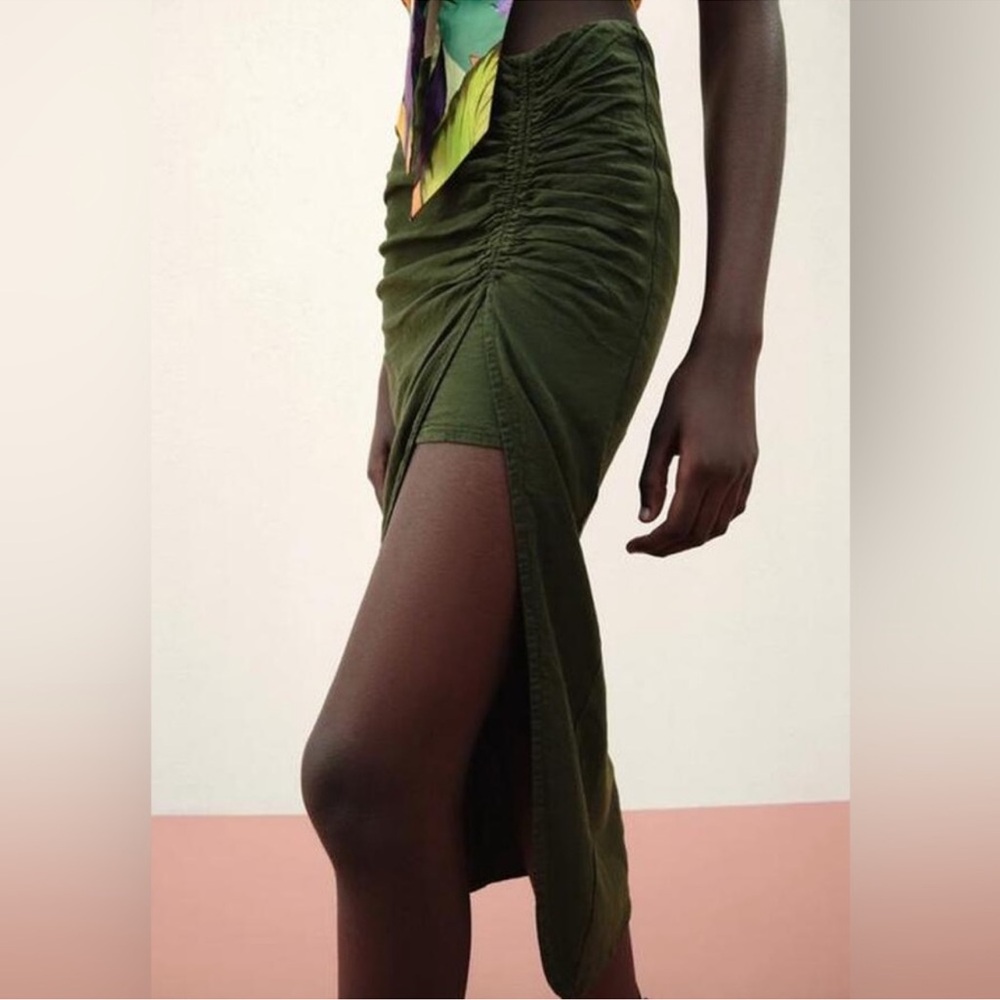 Zara Woman Linen Blend Skirt with Slit and Rouching